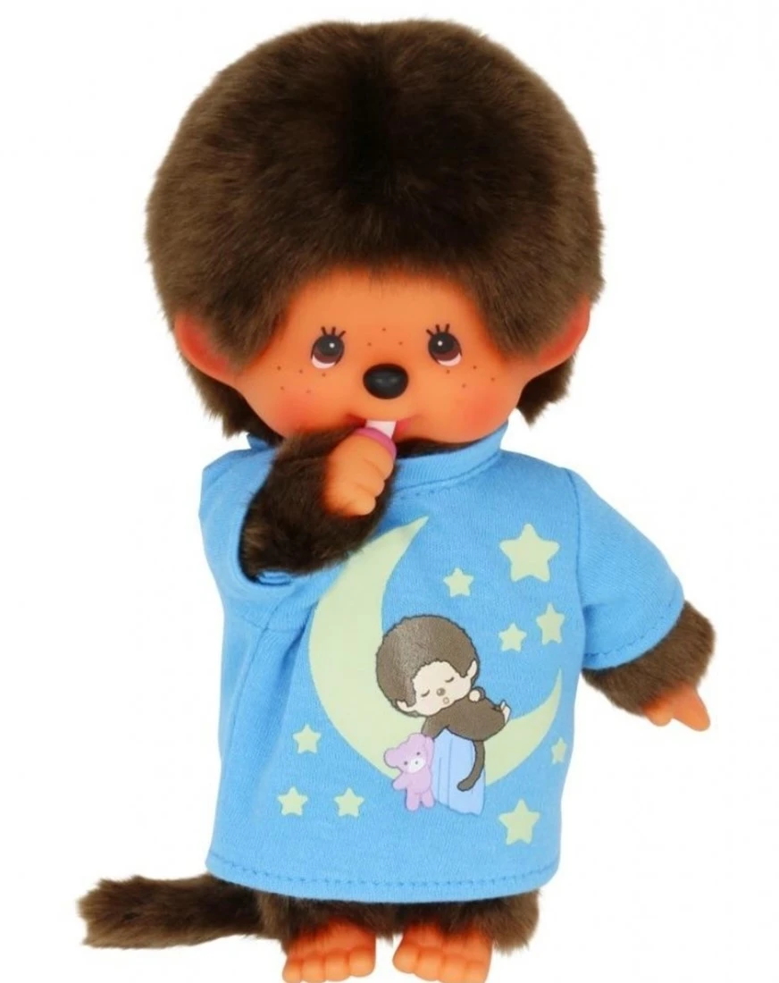 Sekiguchi 223725 Original Monchhichi Junge, Aus Braunem Plüsch, Mit Blauem Schlafshirt Und Glow In The Dark Elementen, Ca. 20 Cm 2 Sekiguchi 223725 Original Monchhichi Junge, Aus Braunem Plüsch, Mit Blauem Schlafshirt Und Glow In The Dark Elementen, Ca. 20 Cm – Bild 2
