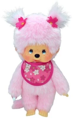 Sekiguchi 767020 - Original Monchhichi Mädchen Kirschblüte, Aus Rosa Plüsch, Mit Lätzchen Und Zöpfen Mit Blumen, Ca. 20 Cm