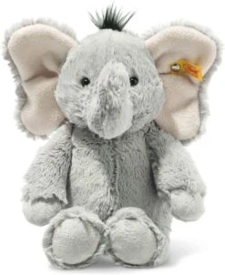 Steiff 064982 Original Plüschtier Ella Elefant, Soft Cuddly Friends Kuscheltier Ca. 30 Cm, Markenplüsch Mit Knopf Im Ohr, Schmusefreund Für Babys Von Geburt An, Grau